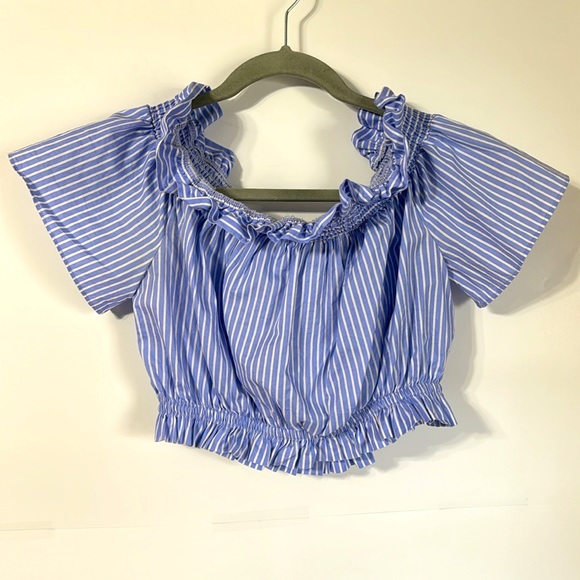 Zara Basic Striped Ruched Off Shoulder crop top Blue Size S - Picture 4 of 9